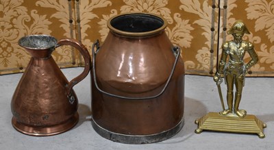 Lot 294 - A copper and brass milk churn, a large jug and...