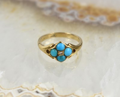 Lot 63 - A 9ct gold, diamond and turquoise ring, size K,...