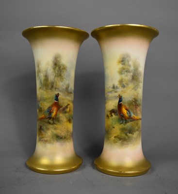 Lot 23 - A pair of Royal Worcester trumpet vases signed...