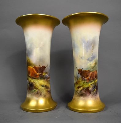 Lot 24 - A pair of fine Royal Worcester trumpet vases...