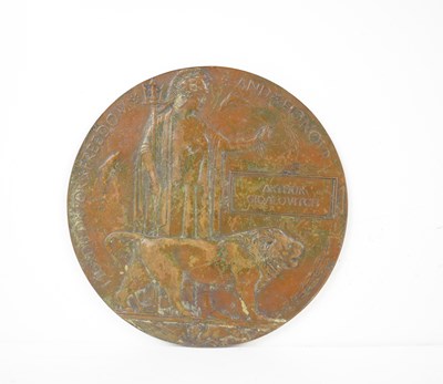 Lot 164 - A WWI death plaque or penny, named to Arthur...