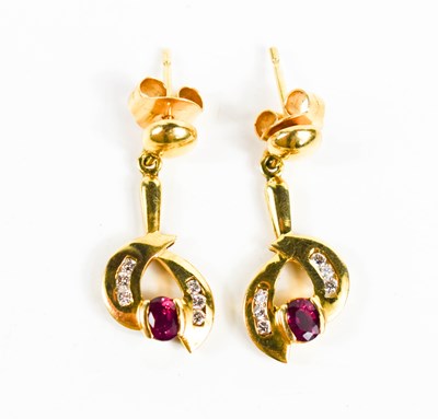 Lot 15 - A pair of 14ct gold, diamond and ruby earrings,...