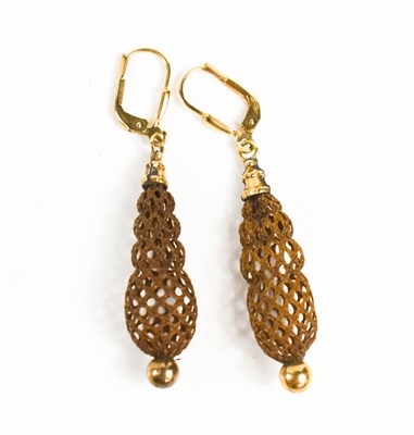 Lot 6 - A pair of 8ct gold and hair woven earrings, of...