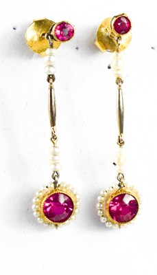 Lot 8 - A pair of 9ct gold, ruby and seed pearl...