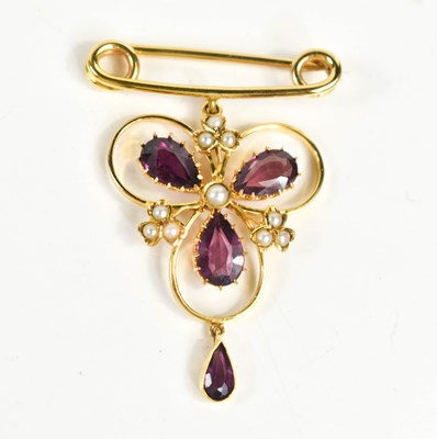 Lot 12 - A 9ct gold, amethyst and seed pearl brooch, of...