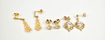 Lot 69 - Three pairs of earrings; 9ct gold and paste...