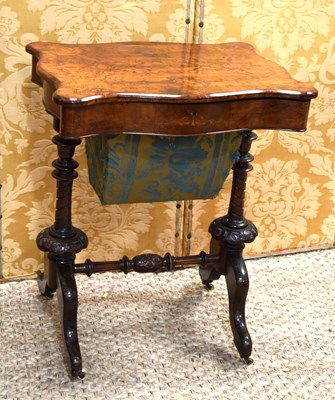 Lot 334 - A Victoran burrwood work box, with shaped top,...