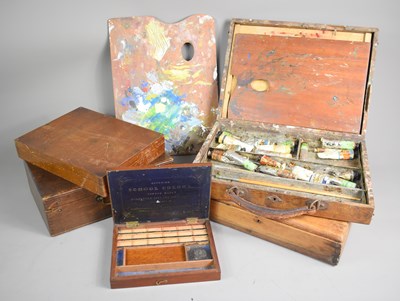 Lot 216 - A group of vintage artist boxes, paints and...