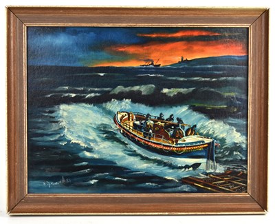 Lot 398 - An oil on board painting depicting a lifeboat...