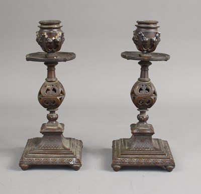 Lot 263 - A pair of antique cast bronze candlesticks,...