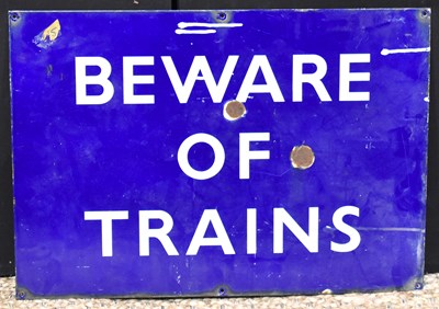 Lot 114 - Enamel Signs: A vintage 'Beware of Trains'...