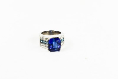 Lot 198 - An 18ct white gold, tanzanite, blue and white...