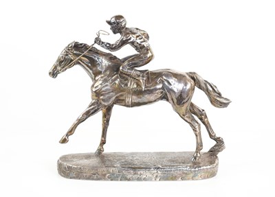 Lot 358 - A silver model of a racehorse and jockey by...