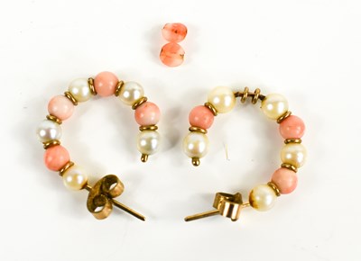 Lot 268 - A pair of 9ct gold, pearl and coral hoop stud...