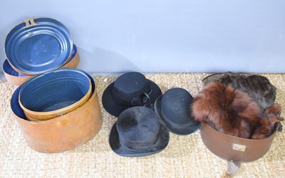 Lot 321 - Two vintage tin hat boxes together with a top...