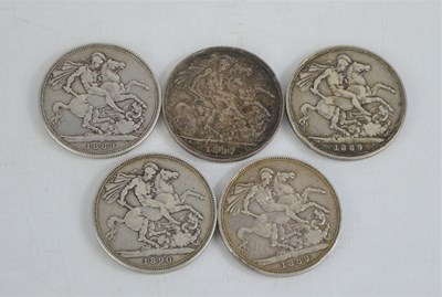 Lot 184 - Five silver Queen Victoria crowns, 1889, 1890...