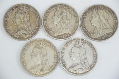 Lot 186 - Five silver Queen Victoria crowns, 1891, 1892,...