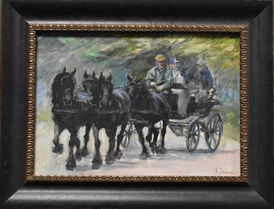 Lot 57 - J Dunn (20th century): Horses & Carriage, oil...