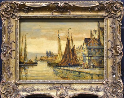 Lot 11 - A 19th century oil on board, Dutch harbour...