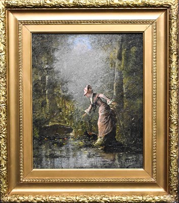 Lot 21 - G Leone (20th century): woman and dog beside a...