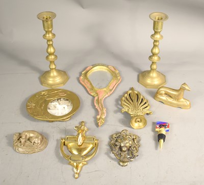 Lot 166 - A selection of antique brass to include a pair...