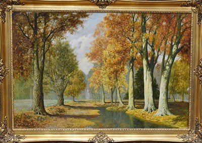 Lot 98 - David Mead (20th century): Woodland landscape,...
