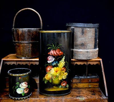 Lot 236 - An antique coopered oak bucket, a grain bucket,...