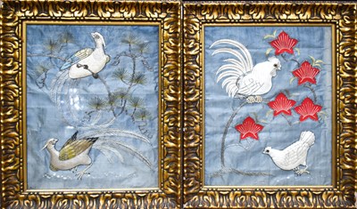 Lot 338A - A pair of antique silkwork panels, one...