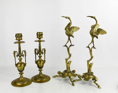 Lot 271 - A pair of brass Empire style candlesticks and...