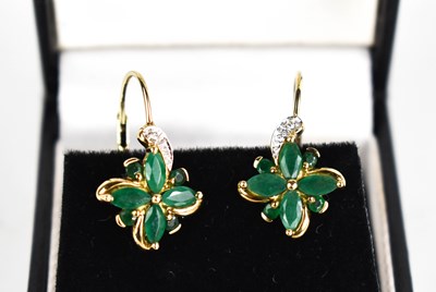 Lot 390 - A pair of 9ct gold, emerald and diamond earrings.