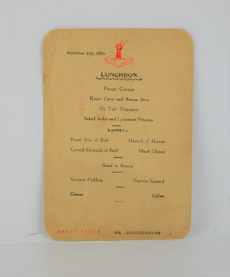 Lot 249 - A menu card from the SS Leicestershire dated...