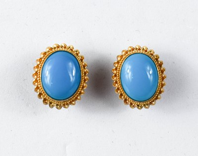 Lot 117 - A 9ct gold and turquoise oval stud earrings.