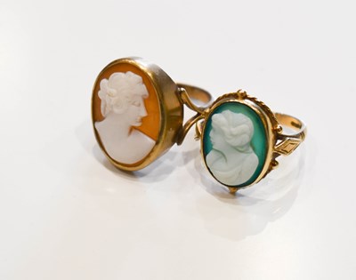 Lot 8 - Two 9ct gold cameo rings, one of green agate,...