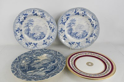 Lot 114 - A collection of three blue and white plates,...