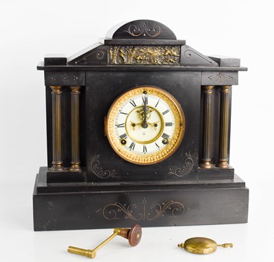 Lot 291 - A Victorian slate mantle clock with Roman...