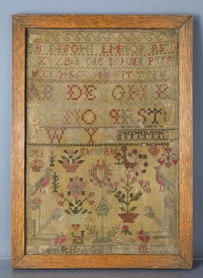 Lot 364 - A William IV cross-stitch sampler, embroidered...