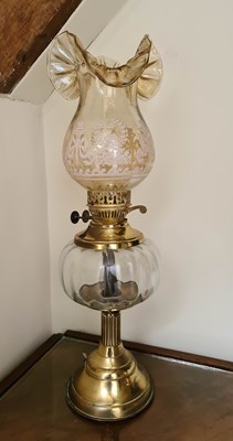 Lot 99 - A Victorian style glass and brass parafin lamp,...