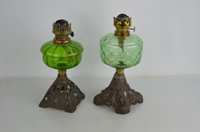 Lot 99 - A Victorian style glass and brass parafin lamp,...