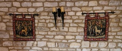 Lot 363 - A pair of medieval style tapestry wall hanging...