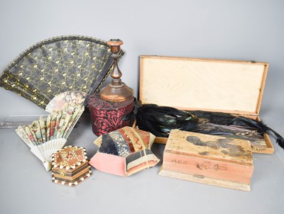 Lot 383 - A Victorian pin cushion, two fans, a box...