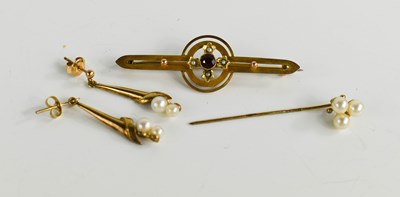 Lot 98 - A 9ct gold and pearl pair of drop earrings and...