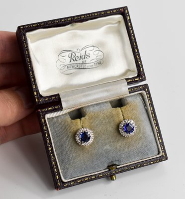 Lot 2 - A pair of antique 9ct white gold, sapphire and...
