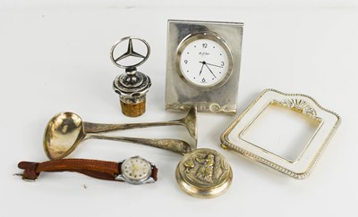 Lot 113 - A silver framed RJ Carr clock, Mercedes white...