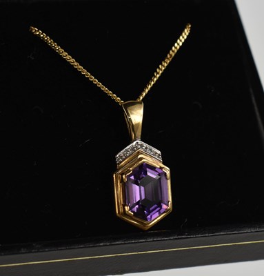 Lot 147 - A 9ct gold, amethyst and diamond pendant and...