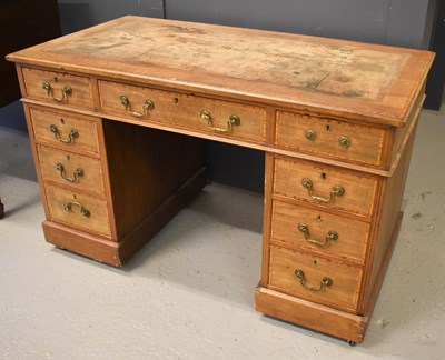 Lot 415 - An Edwardian mahogany pedestal desk, satinwood...