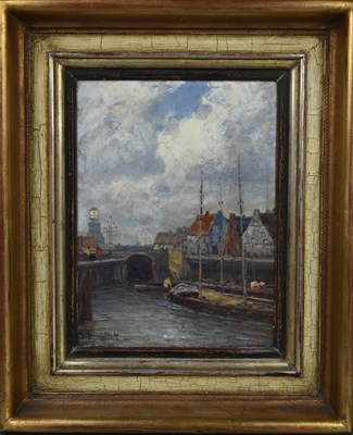 Lot 337 - Johann Jungblut (1860-1912) a river townscape,...