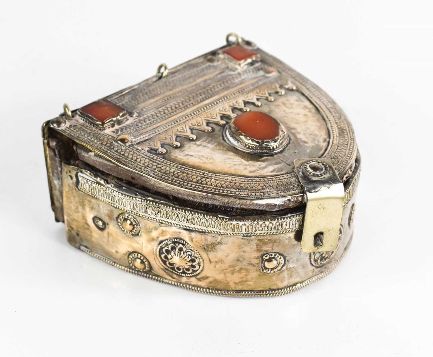 Lot 189 - An Eastern silver and agate set antique pouch,...