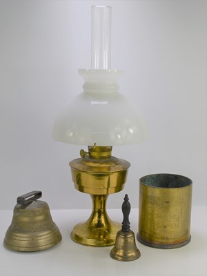 Lot 137 - A brass Aladdin oil lamp with glass shade and...