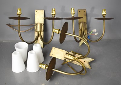 Lot 271 - Three cast brass twin branch wall lights, 20th...