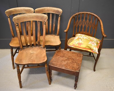 Lot 364 - Three antique elm kitchen chairs, a 19th...